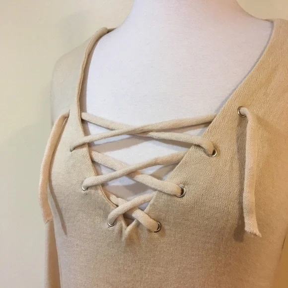 Lace Up V Neck Bell Sleeve Knit Sweater Dress Sand Beige - Picture 2 of 4